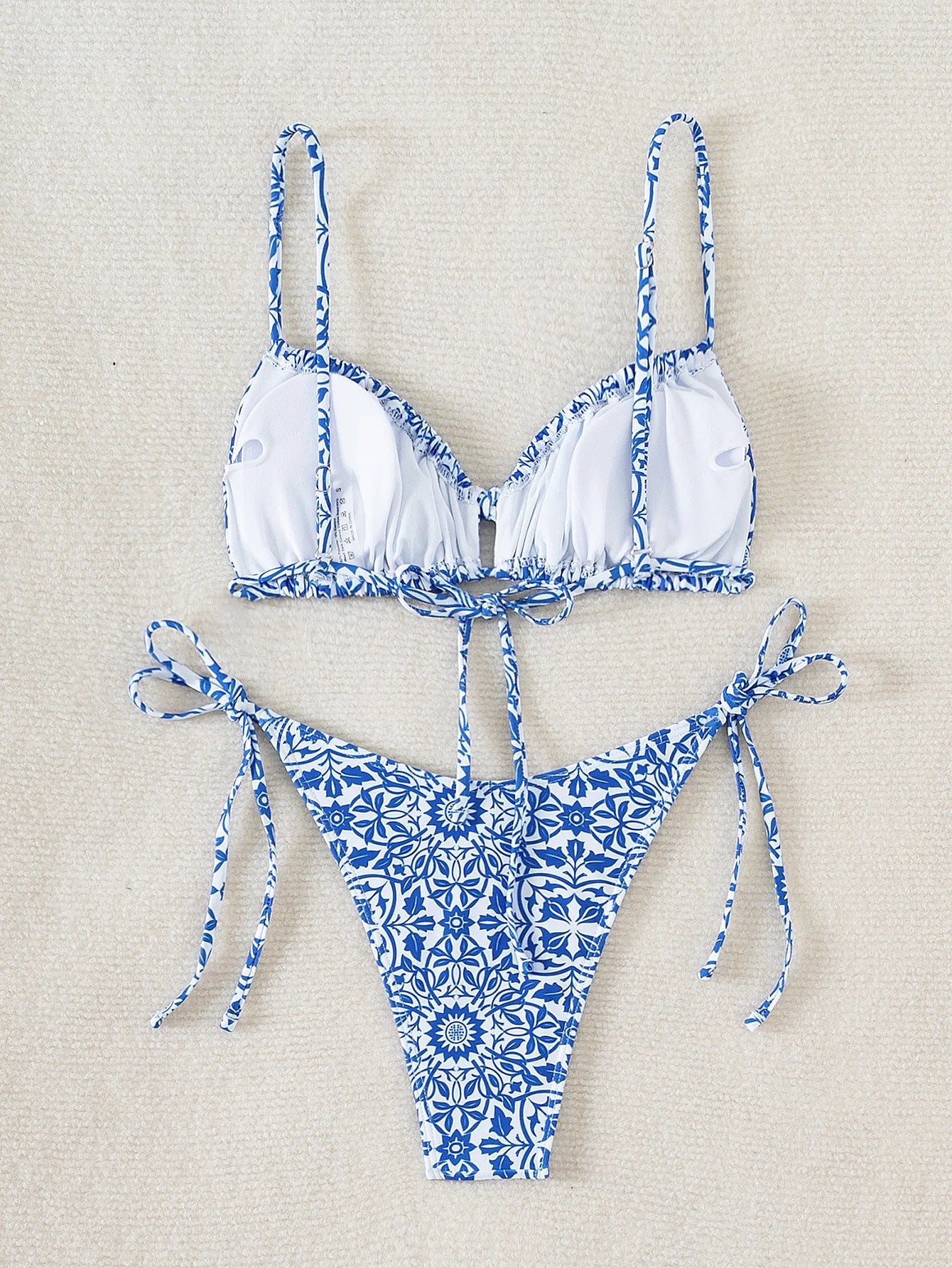 Sexy Floral Print Micro Bikinis Sets Two Pieces Blue Porcelain Swimwear Drawstring Swimsuit Women Biquini Thong Bathing Suits