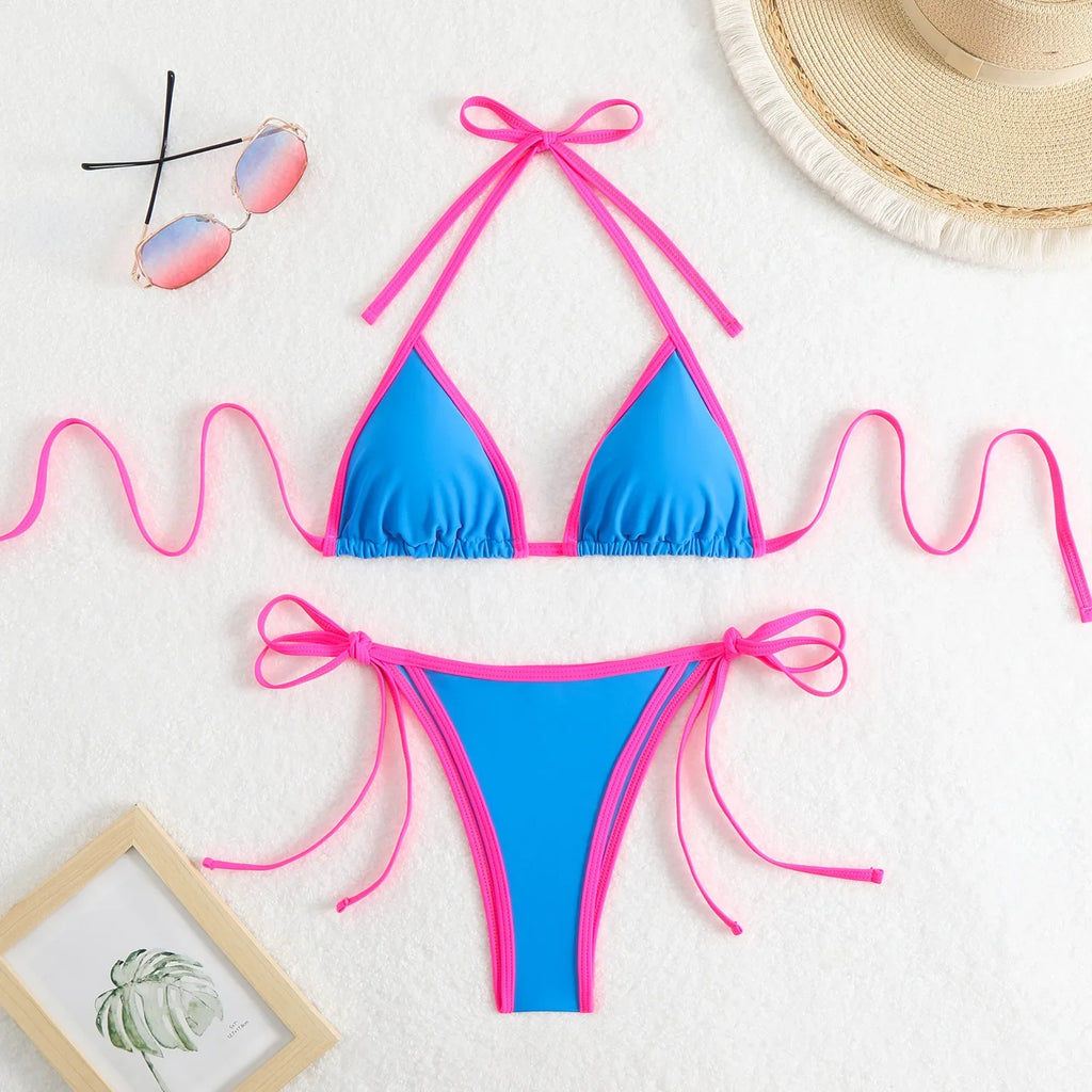 2026 Summer Women Patchwork Swimsuit Sexy Backless Neck Bikini Set Lace-up Bathing Suit Beachwear Femme Padded Swimwear Holiday
