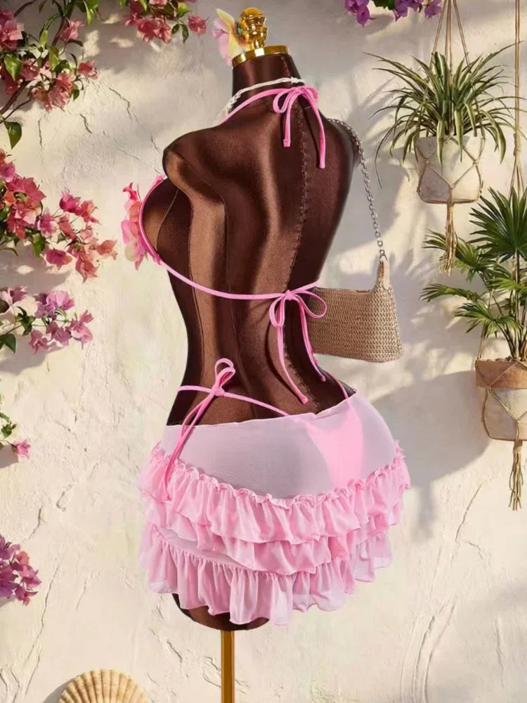 Vintage Blue 3D Floral Bikinis Sets Women Mesh Ruffle Skirt 3 Piece Swimsuit 2026 Sexy Push Up Bra Bathing Suit Holiday Swimwear