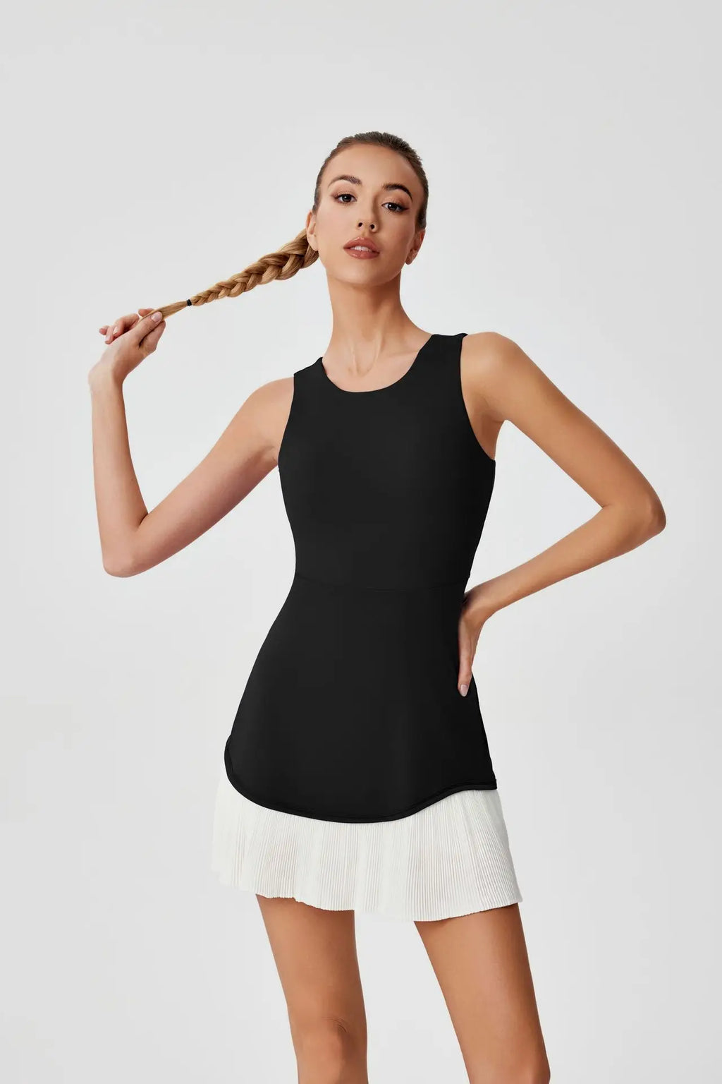 Women One-piece Tennis Dress Summer Black Contrast Pleated Anti Light Speed Dry Sports Dresses Hollowed Out Back Yoga Clothes