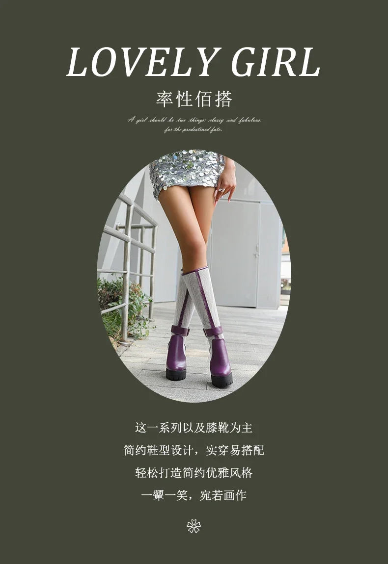 Plus Size Mesh Fabric Splicing PU High Socks Boots Ankle Buckle Ultra Thick Heel Back Zipper Breathable Summer Knee High Boots