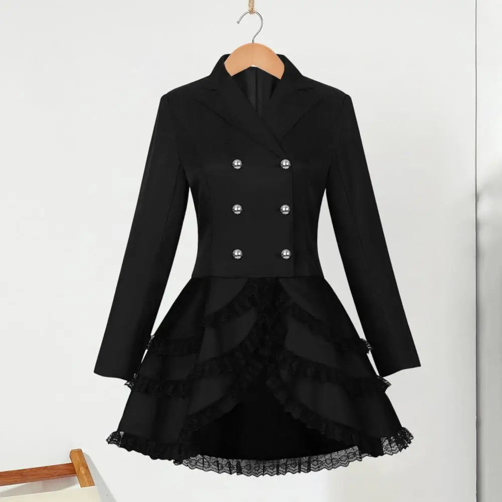 Women Double Breasted Victorian Steampunk Blazer Coat Gothic Tuxedo Tailcoat Jacket with Lace Hem Halloween Uniform Costume