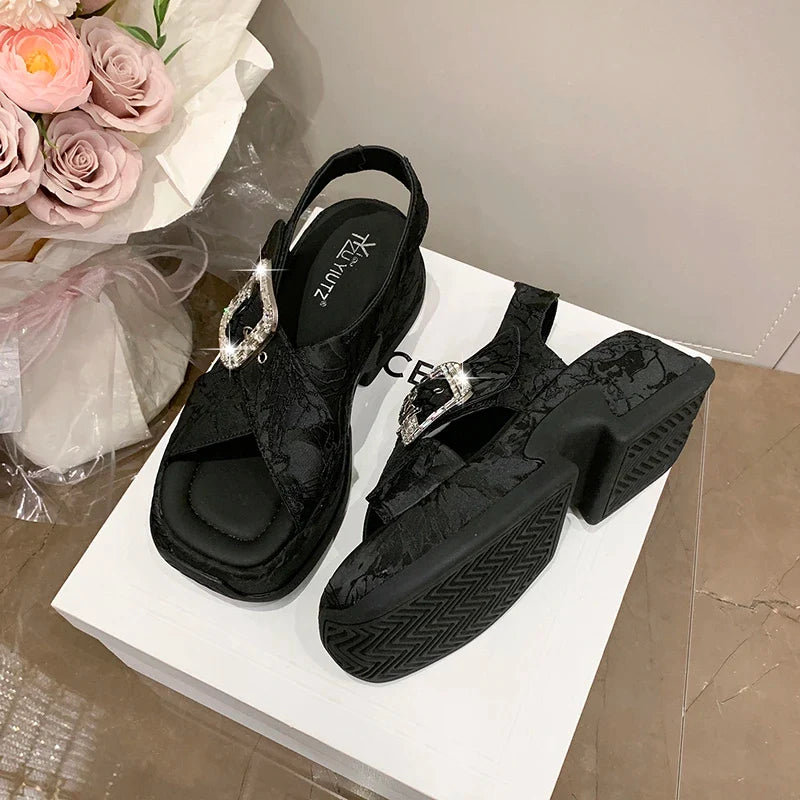 Fashion Crystal Buckle Platform Sandals Women Pink Embroidery Thick Heels Sandalias Mujer Comfortable Heightened Rome Sandals