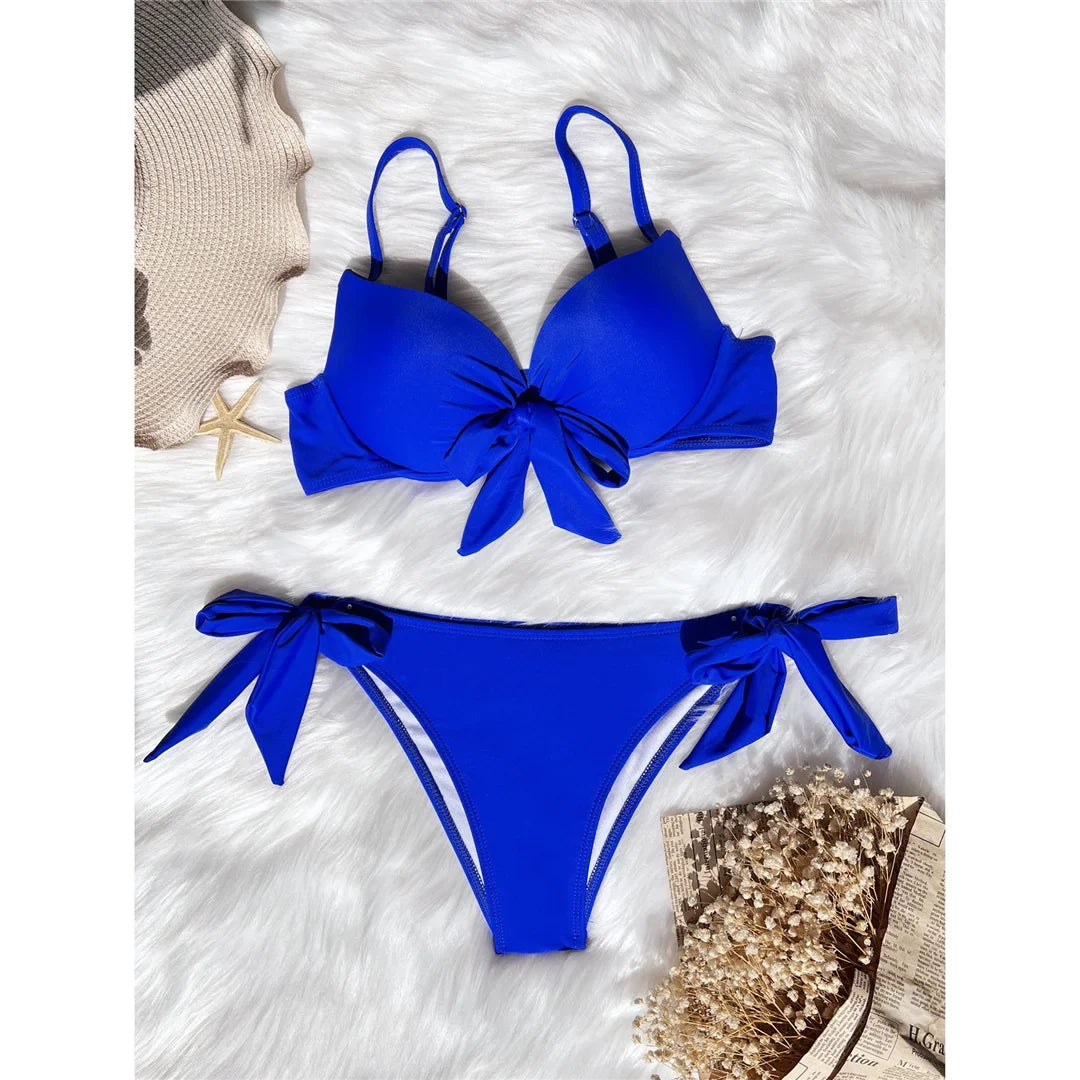 XS - XL Knotted Push Up Bikini Swimsuit Female Swimwear Women Two-pieces Bikini Set With Bra Cup Bather Bathing Suit Swim V3992