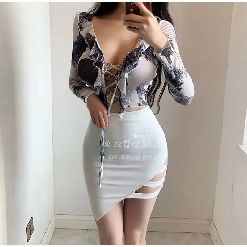 WOMENGAGA Summer New Street Casual Korean Style Side Hollow Irregular High Waist Slim Half Fairy Skirt Women's Clothing T8MH