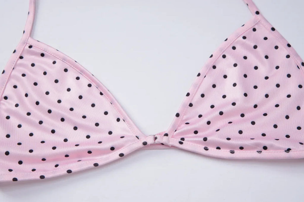 FDYOUI Women's Polka Dot Print Pink Swimsuit Lace-up Bras Panties Split Skirts 3 Pieces Bikinis Sets Bathing Suit Beach Swimwear