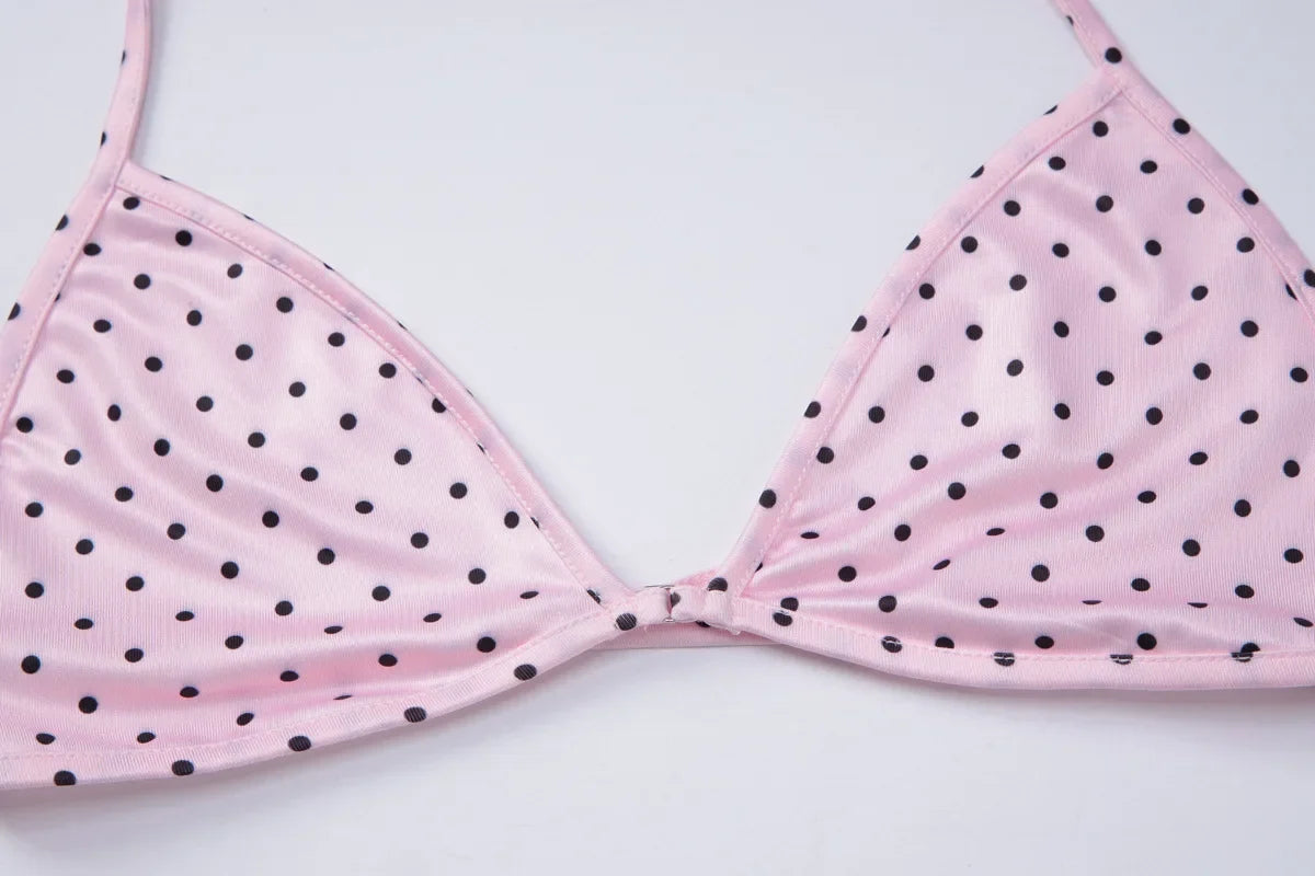 FDYOUI Women's Polka Dot Print Pink Swimsuit Lace-up Bras Panties Split Skirts 3 Pieces Bikinis Sets Bathing Suit Beach Swimwear