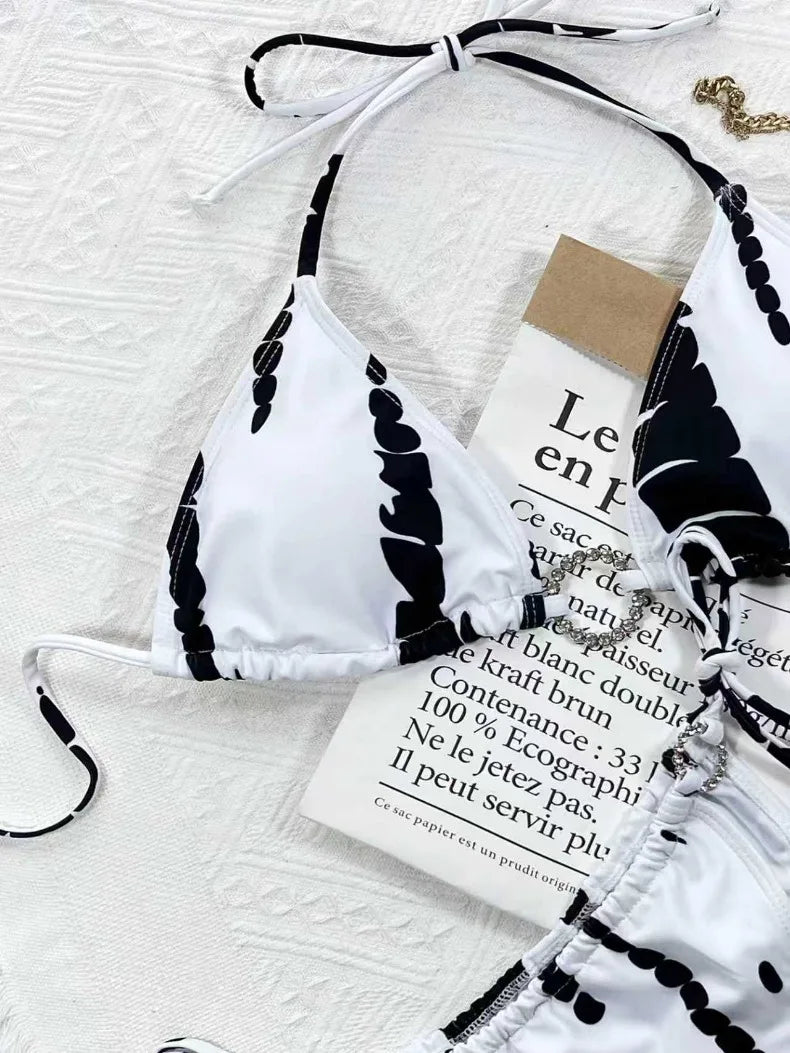 New Bikini Sexy Swimwear Swimsuit Women Rhinestones Rings Triangle Halter Backless Knotted Bikinis Set Bathing Suit Beach Bikini
