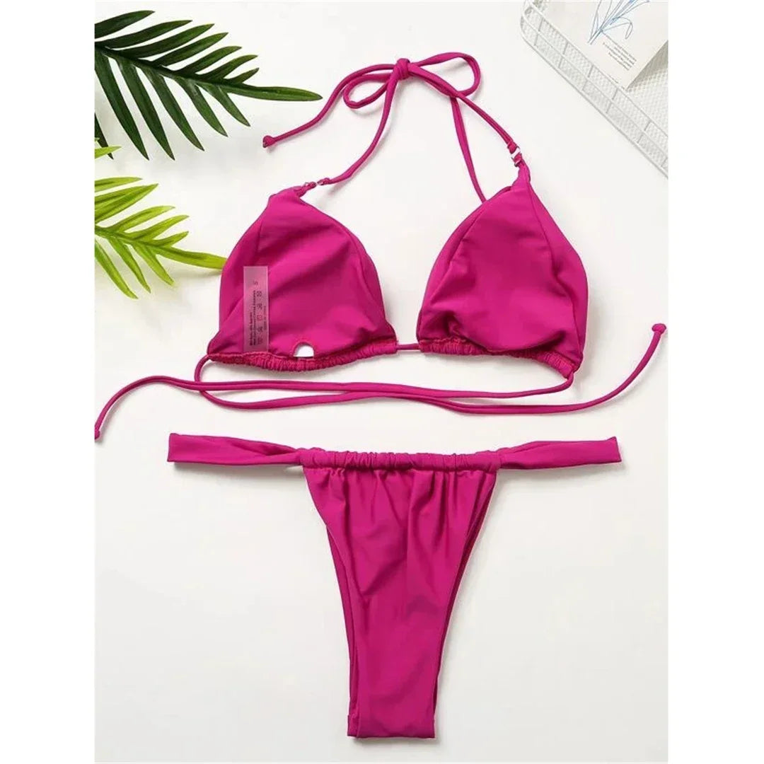 PU Pleated Ruched Bikinis Mini Micro Thong Bikini Women Swimwear Female Swimsuit Two-pieces Bikini Set Halter Bathing Suit Swim