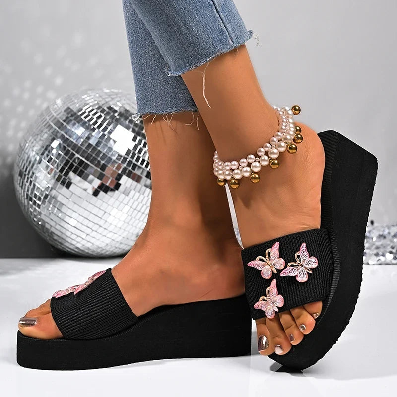 Pink Crystal Butterfly Platform Slippers Women 2026 Summer Slip On Wedge Sandals Woman Lightweight Thick Sole Casual Slides 42