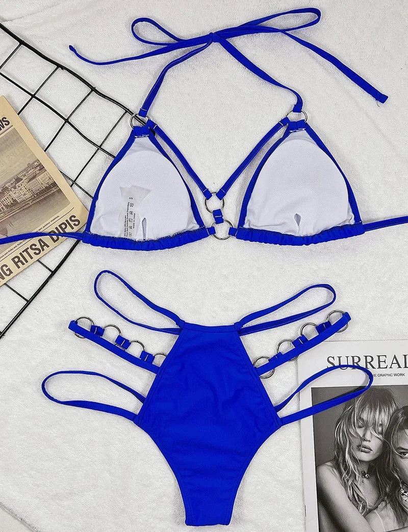 2025 Sexy Halter Strappy Metal Rings Bikini Women Swimwear Female Swimsuit Two-pieces Bikini set High Cut Bathing Suit Swim Lady