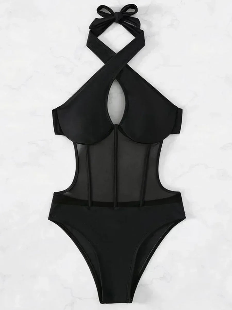 Halter Mesh Sheer Underwired One Piece Swimsuit Women Swimwear Female Backless Hollow Out Monokini High Cut Bathing Suit Swim
