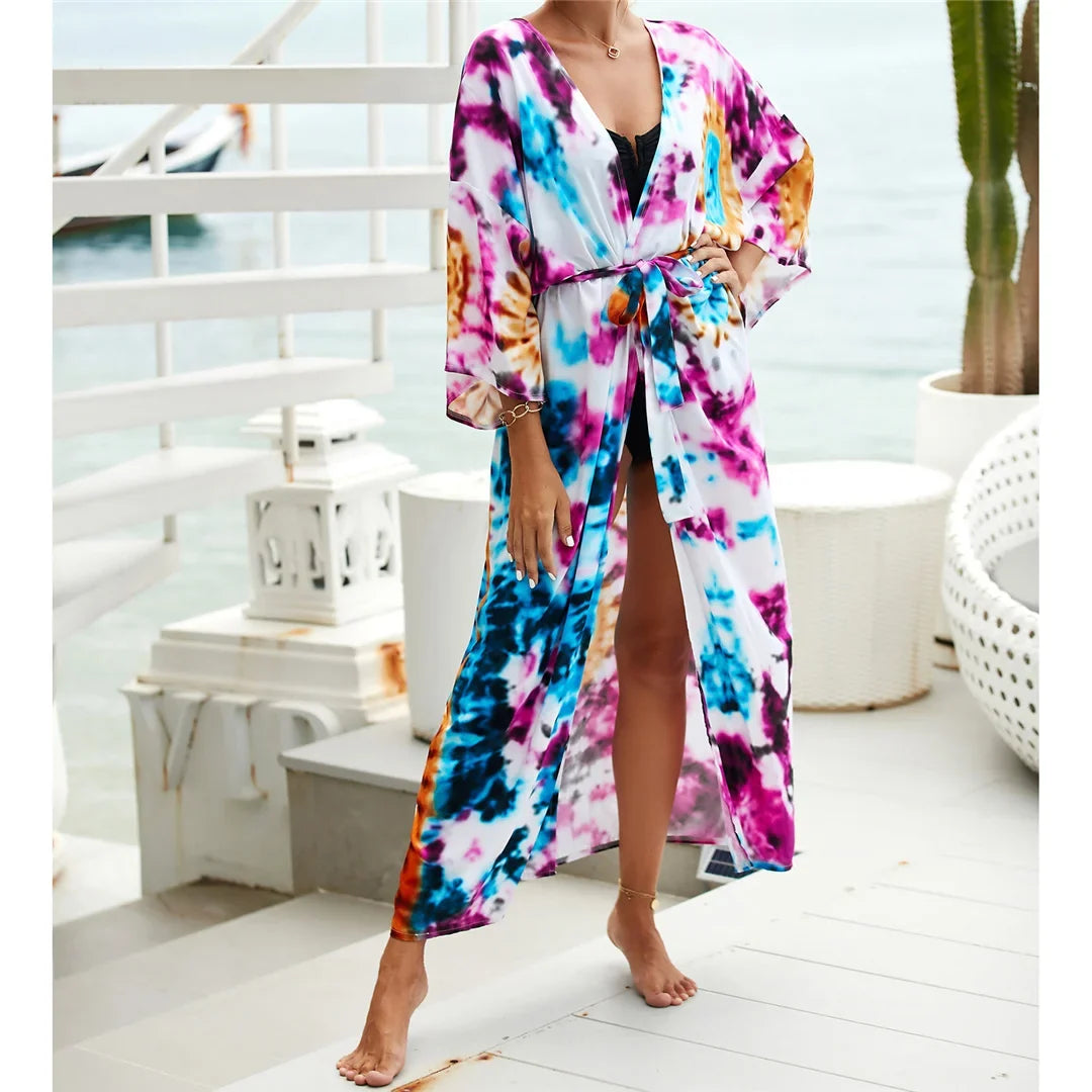 13 Colors Printed With Belt Crochet Knitted Tunic Beach Dress Beach Wear Beachwear Beach Cover Up Cover-upsFemale Women V7201