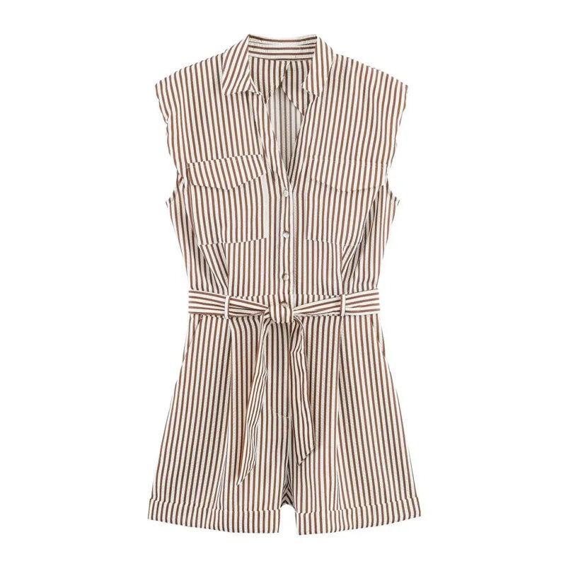 Women's Belted Striped Shorts Jumpsuit Women Striped Sleeveless Button Down Belted Pocket Detail Casual Jumpsuit For Summer 9X2T