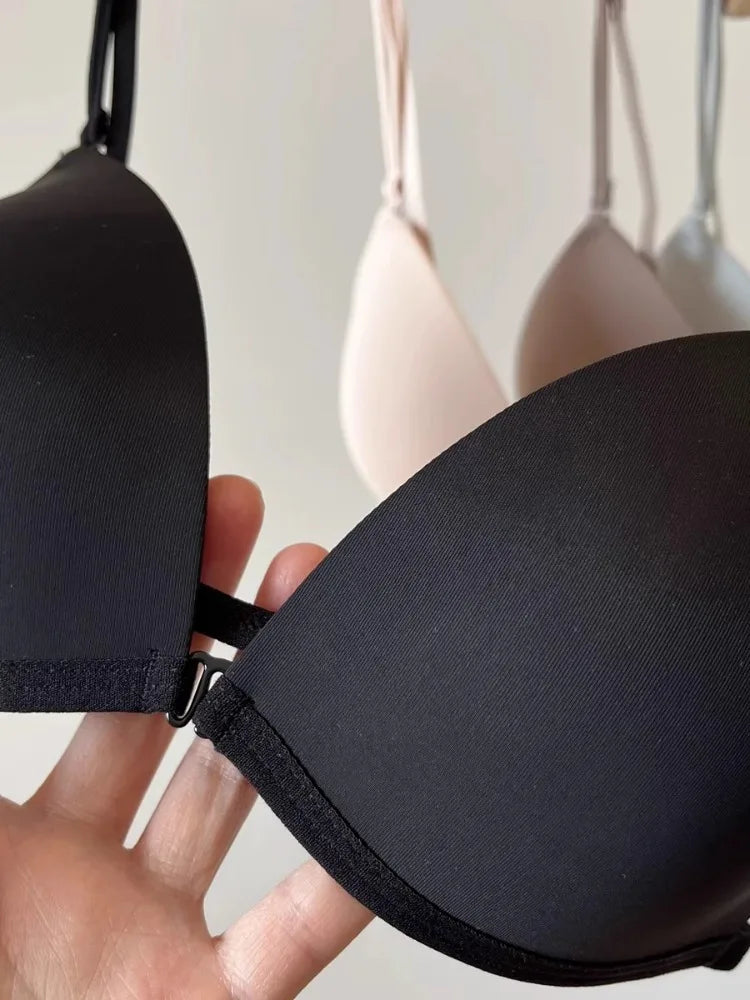 Wireless Summer Bra French Style, Front Closure Thin Straps for Sml Bust Seamless Triangle Cup Beautiful Back No Show Comfort AB