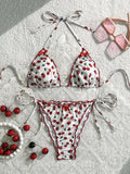 Cherry Print Halter Ruffled Frill Bikini Women Swimwear Female Swimsuit Two-pieces Bikini Set Bather Bathing Suit Swim Beachwear