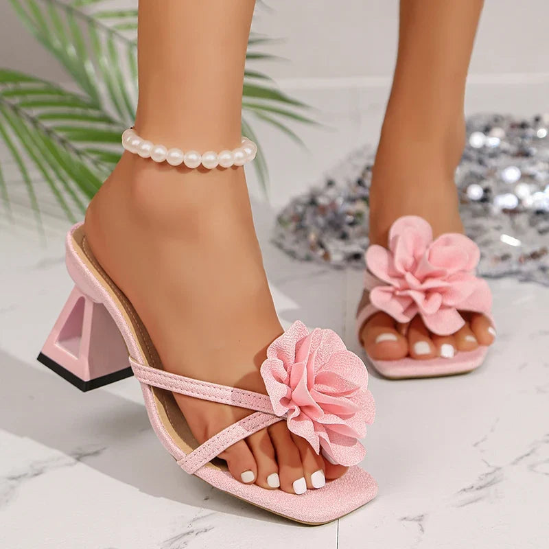 Pink Flower Thick Heeled Sandals Women Elegant Square Toe Party Wedding High Heel Shoes Woman Plus Size 43 Summer Sandalias