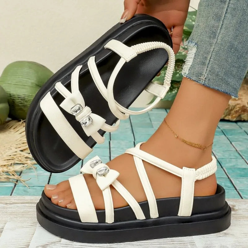 Women's Rhinestone  Platform Sandals Casual Cross Strap Summer Shoes Non-Slip Thick Sole Beach Footwear
