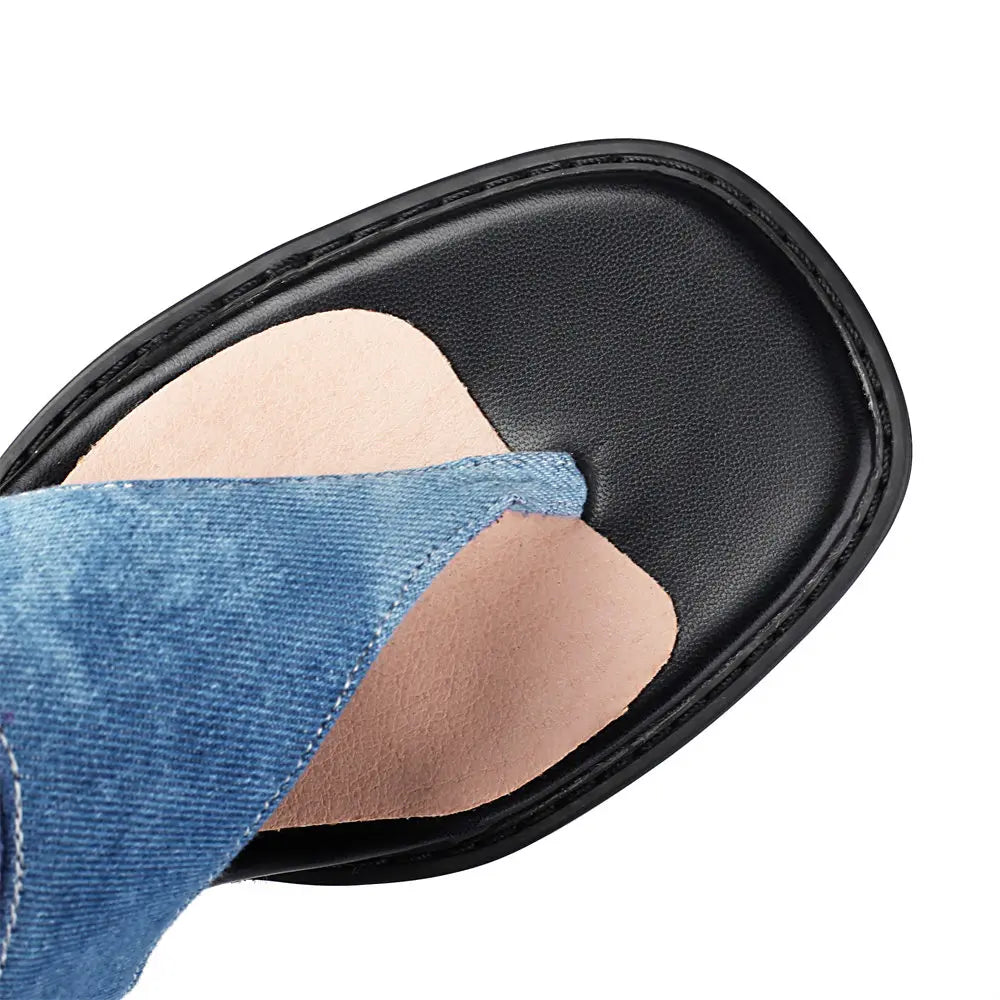 2025 Brand Plus Size 48 Trendy Denim Blue Gladiator Sandals Women Chic Black Chunky Heels  Fashion Comfy Walk Summer Boot Shoes