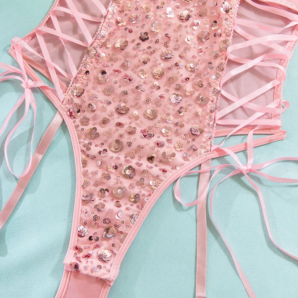 New Pink Sequin Hollow Out Bodysuits Elegant Backless Deep V Suspenders Sleeveless Bodysuits For Women Transparent Charming ZHAN