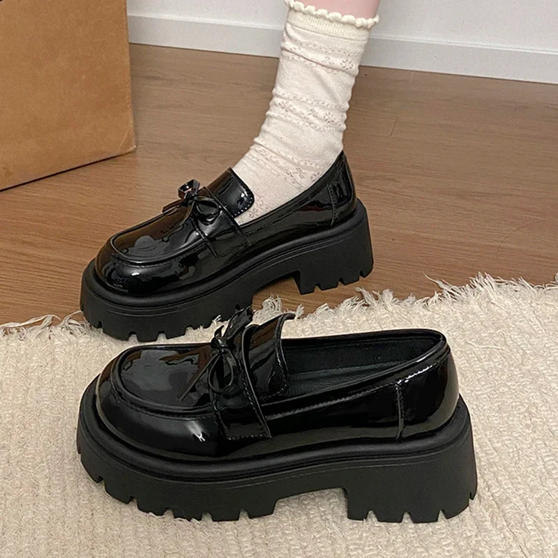 2025 Bowknot Decor Platform Loafers Women Fashion High Heel Jk Pu Leather Shoes Woman Korean Slip On Thick Sole Shoes Female