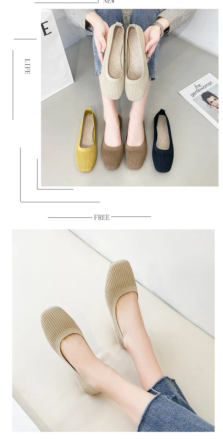 Women Leisure Flats Summer Autumn Flat Shoes Breathable Knitted Square Toe Slip-on Female Daily Walking Driving Loafers