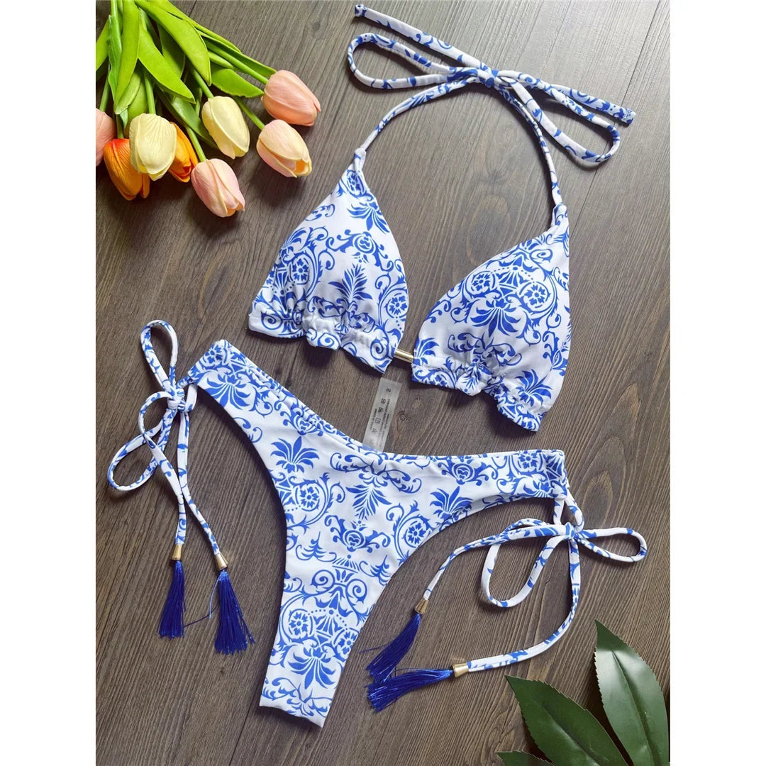 Sexy Flowers Printed Halter Brazilian Bikini Female Swimsuit Women Swimwear Two-Pieces Bikini Set Bather Bathing Suit Swim V6070