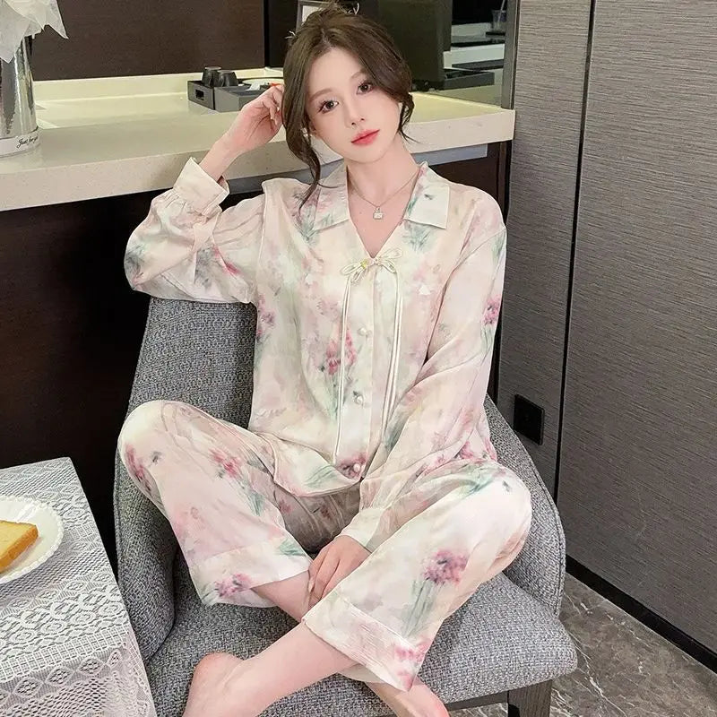 Spring and summer new Chinese style pajamas, ice silk long sleeves, large size home clothes set, retro buckle home clothes