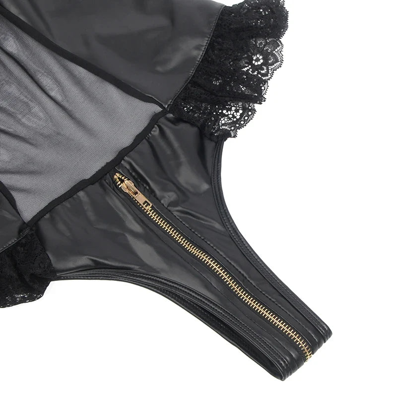 Black Sexy Lingeries Faux Leather Hollow Out Ruffled Lace Zipper Deep V-Neck Jumpsuits Adjustable Straps Elegant Women Bodysuits