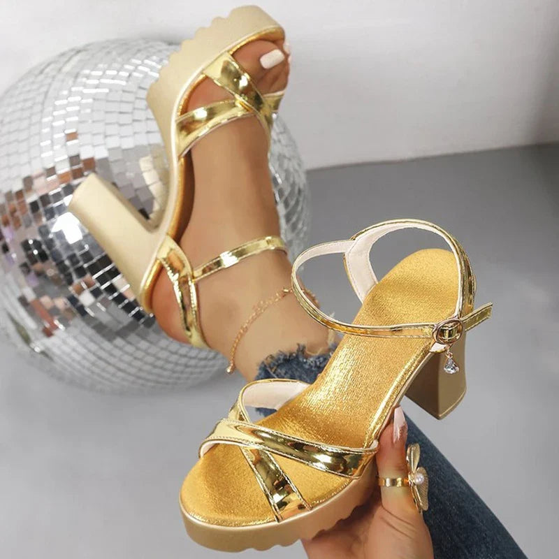 Summer Luxury Diamond Buckle Strap Women's Pumps Square Heel Solid Pumps Shoes Women Fashion Pu Platform High Heels Female