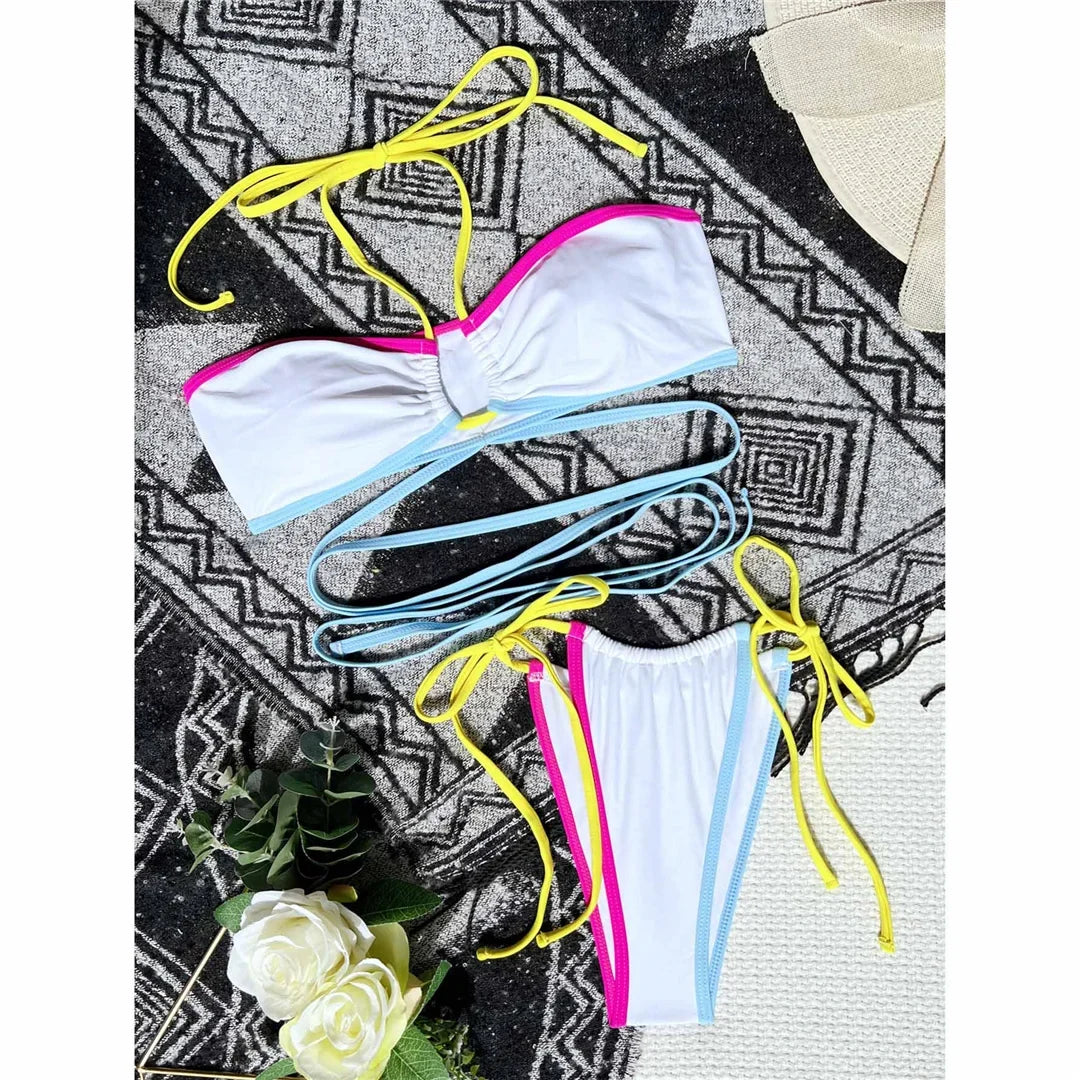 Splicing Wrap Around Bandage Halter Bikini Female Swimsuit Women Swimwear Two-Pieces Bikini Set Bather Bathing Suit Swim V3882