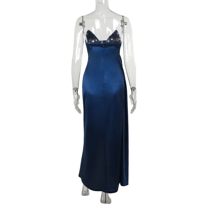 Elegant Strapless Solid Evening Gown Chic Satin Corset Dress for Women V-neck Split Blue Long Dress Lady Summer Party Dress up