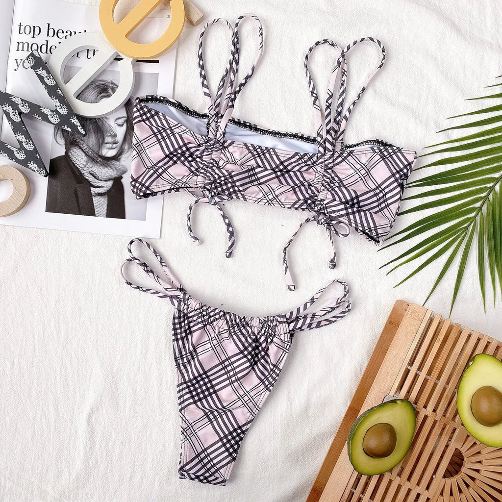 2026 Sexy Bikini Women Swimwear Swimsuit Double Straps Plaid Black Bikinis Set Bathing Suit Beach Bikini Female Push Up Biquinis