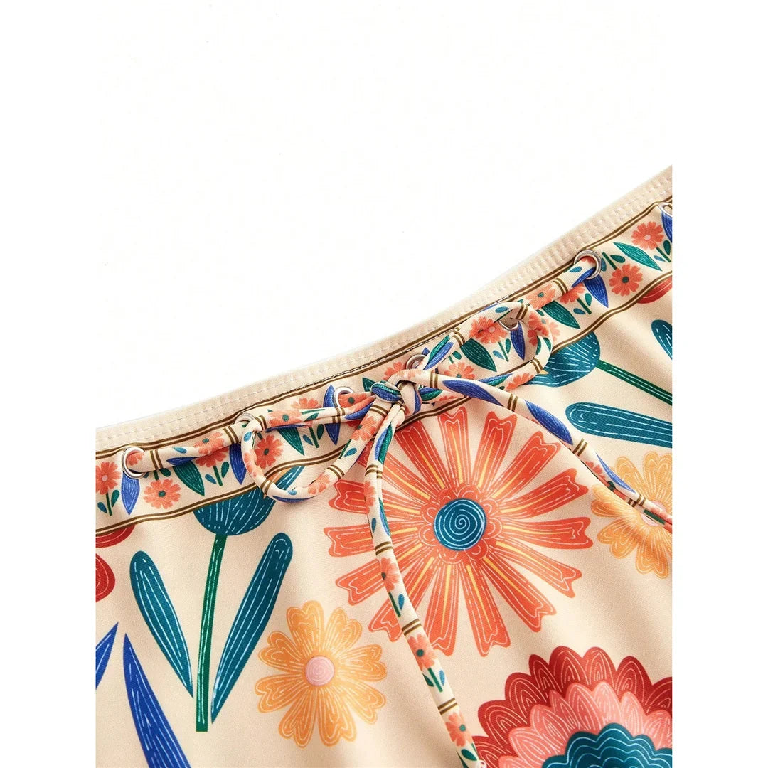 S - XL New Floral Printed With Skirt Women Swimwear V Neck High Leg Cut Bather Bathing Suit Swim One Piece Swimsuit Female K8041