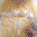 French-style atmosphere white floral appliqued lingerie, wedding and date sexy satin sheer bra thong set ZA824031