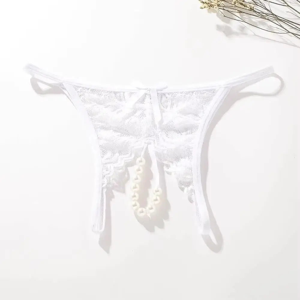 Hot Sexy Mesh Hollow Female Lingerie Transparent Crotchless Women Lace Open Crotch Beading Panties Underwear Erotic Costume