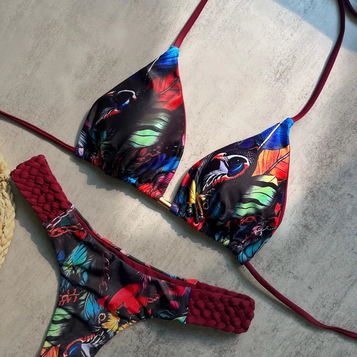 Print Halter Braided Rope Mini Thong Bikini Female Swimsuit Women Swimwear Two-pieces Bikini Set High Cut Bathing Suit Swim Lady