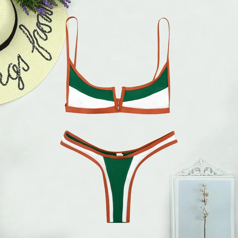 S - XL Splicing V Shaped Thong Bikini Women Swimsuit Female Swimwear Two Pieces Bikini Set Bather Push Up Bathing Suit Swim Lady