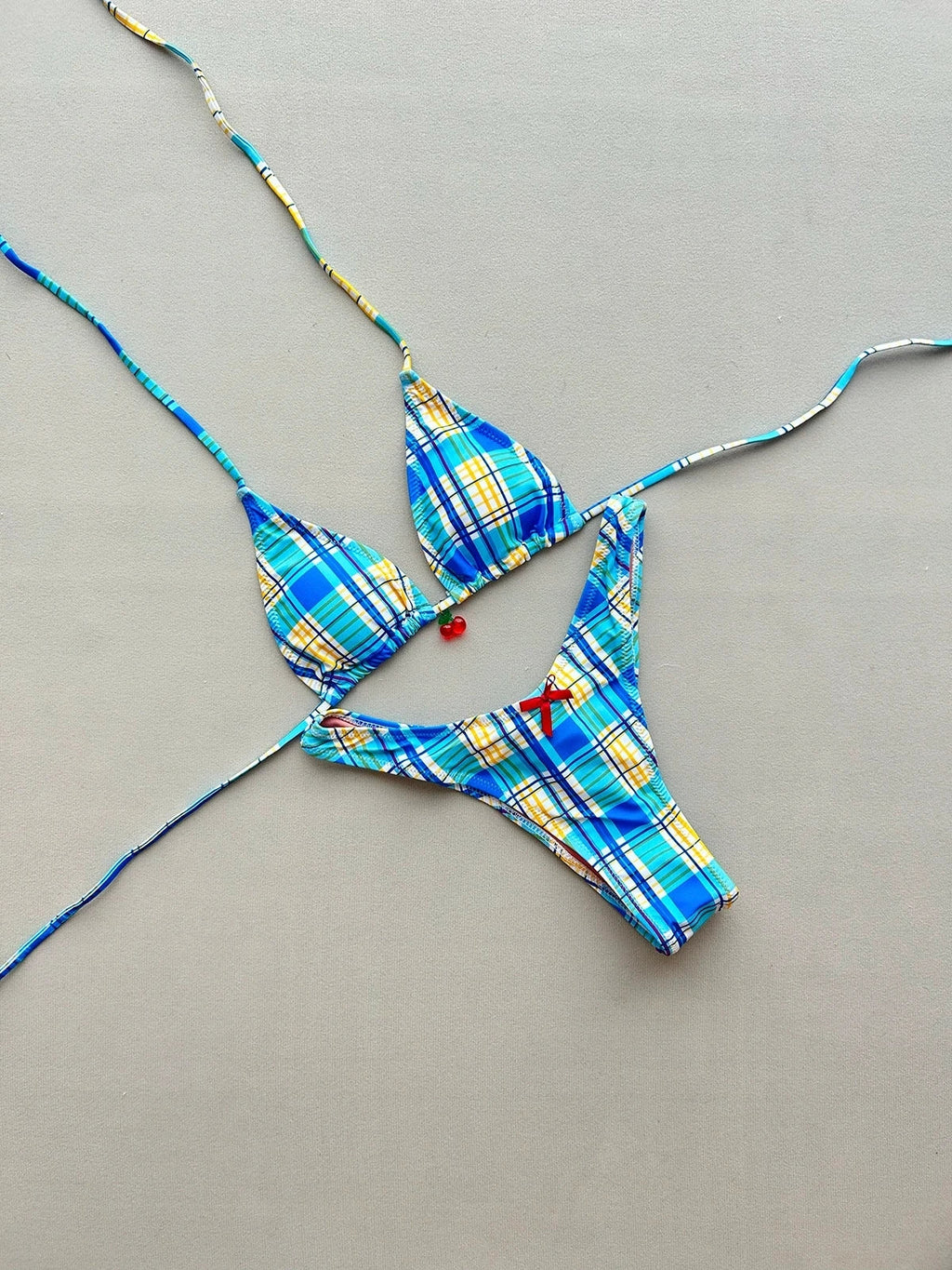 Sexy Blue Plaid Micro Bikini 2025 Women Halter Push Up Bra Bow Thong Swimsuit Summer Holiday Bathing Suit Triangle Swimwear