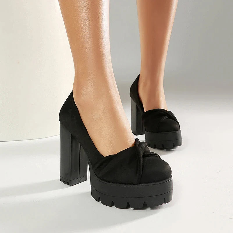 Plus Size Cross Soft PU Upper Platform Ultra Coarse Heel Shallow Breathable High Heels Office Women's Shoes