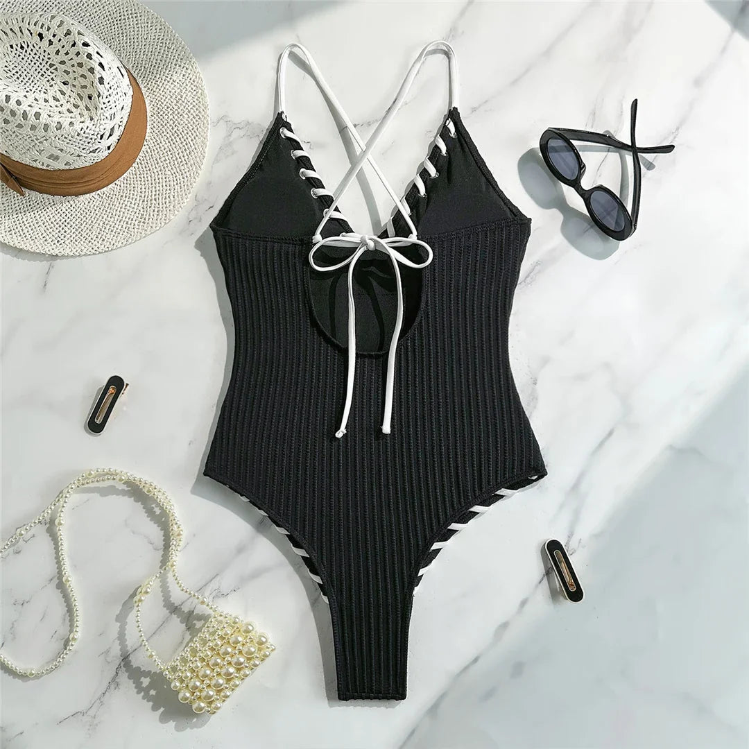 5 Colors V Neck Ribbed Cross Back One Piece Swimsuit Women Swimwear Female High Leg Cut Monokini  Bather Bathing Suit Swim V6278