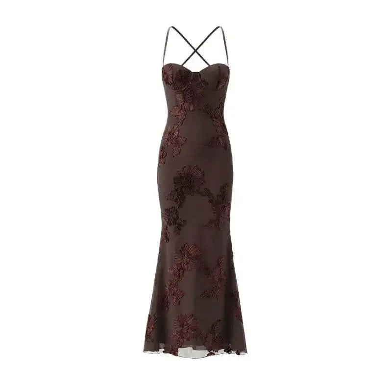 Sexy Backless Cross-cutout Strap Dress For Women Heavy-duty Fishbone Steel Support Slim-fit Jacquard Gown Fishtail Long CAUP