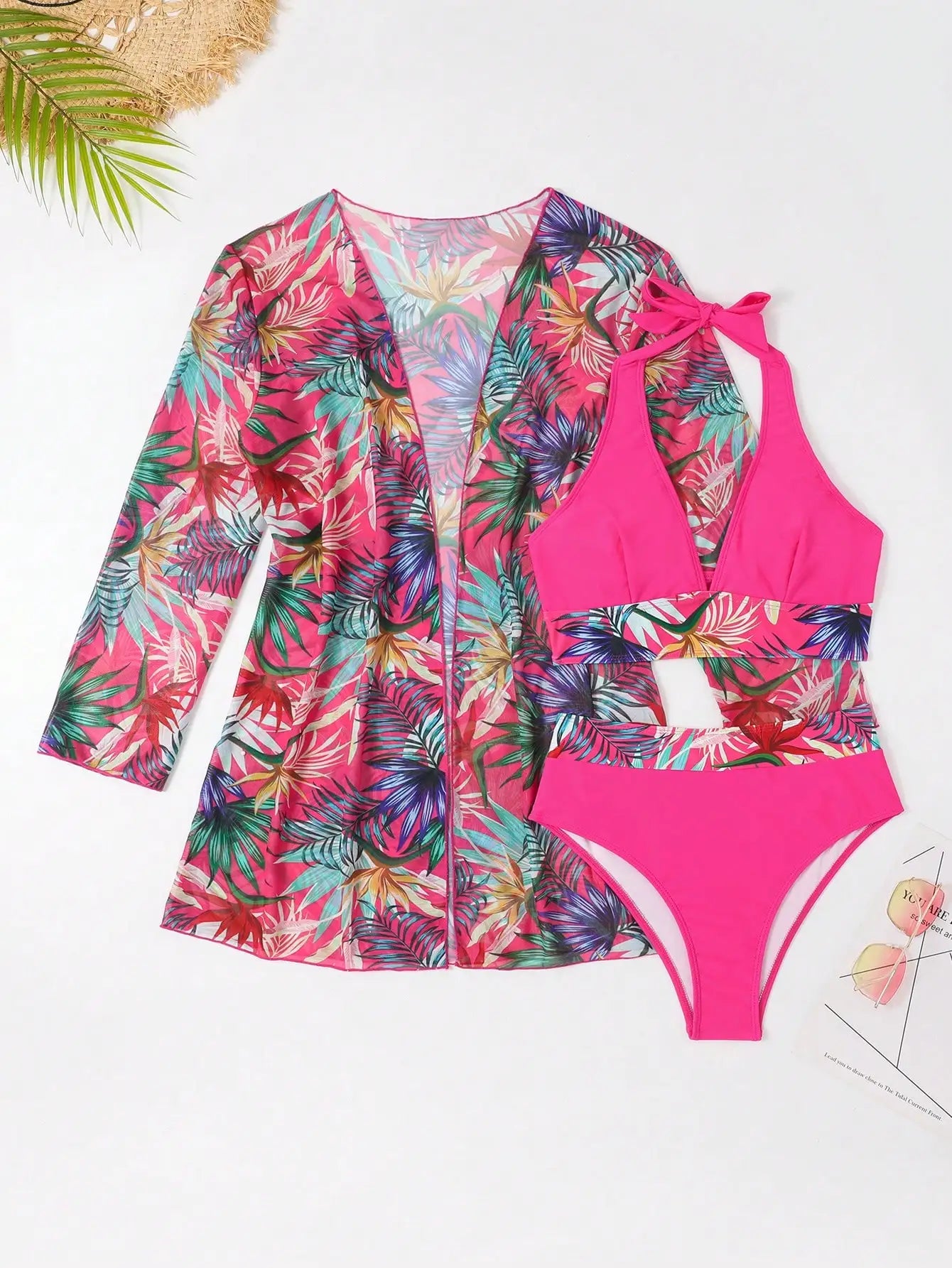 Halter Print Bikini 2026 Women Swimsuit With Kimono High Waist Swimwear Female Bathers Bathing Swimming Swim Suit Beachwear