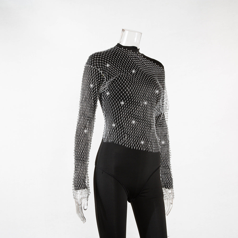 Women Rhinestone Fishnet T-shirt Solid Color Long Sleeve Crop Tops See Through Hollow Out Sexy Shirts Female Smock Tops