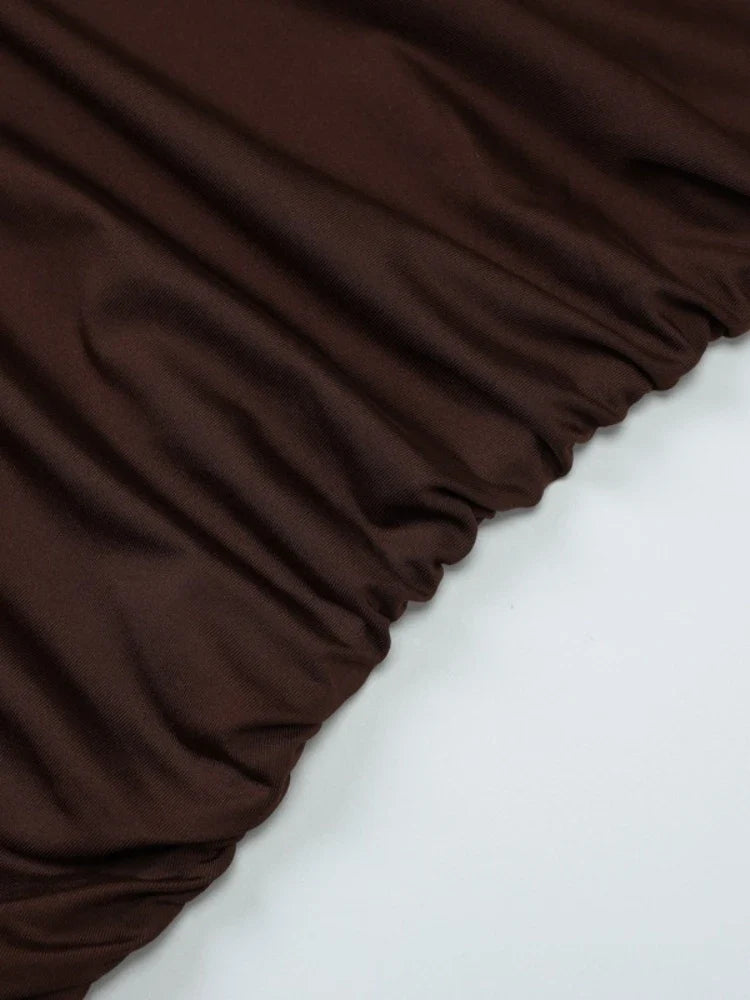 FDYOUI Woman Clothes Diagonal Collar Ruched Brown Long Dresses 2026 Summer Lady Chic One Shoulder Sleeveless Tunics Party Dress