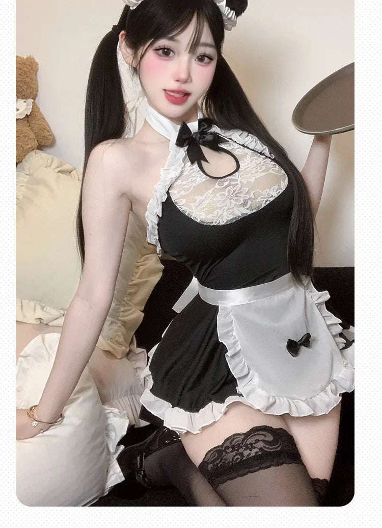 Japanese Anime Lolita Maid Cosplay Women Sexy Lingerie Temptation Hollow Out French Dress Waitress Party Stage Costumes
