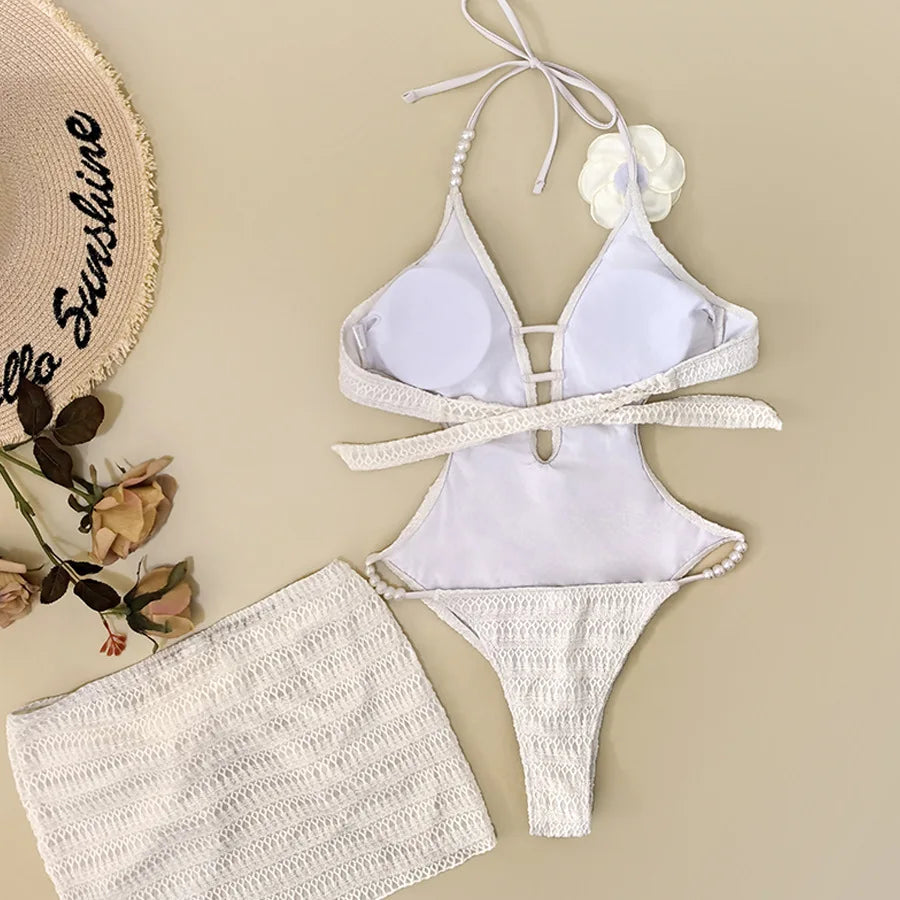 Sexy White Pink 3D Flower One Piece Swimsuit Skirts Sets Women Hollow Out Backless Thong Bikini Beach Bathing Suit Swimwear 2026