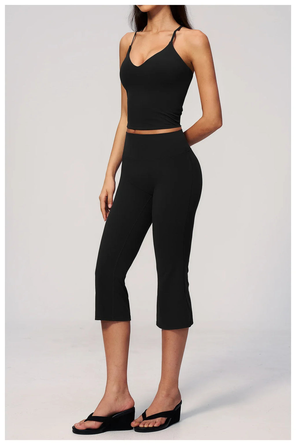 Summer New Yoga Clothing Women Solid V Neck Slim Sports Tank Top Athletic Wear High Waist Butt Lift Mid Pants Gym Fitness Suits