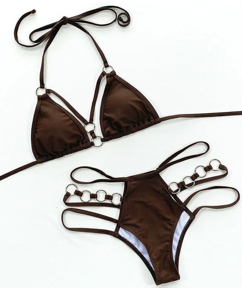 2025 Sexy Halter Strappy Metal Rings Bikini Women Swimwear Female Swimsuit Two-pieces Bikini set High Cut Bathing Suit Swim Lady