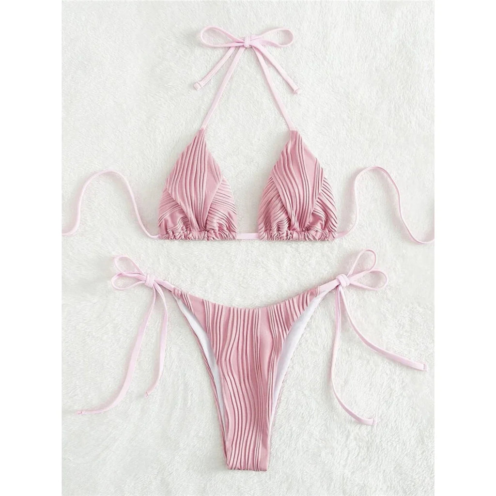 Sexy Wrinkled Halter Brazilian Bikini Female Swimsuit Women Swimwear Two-Pieces Bikini Set Bather Bathing Suit Swim Lady V4101